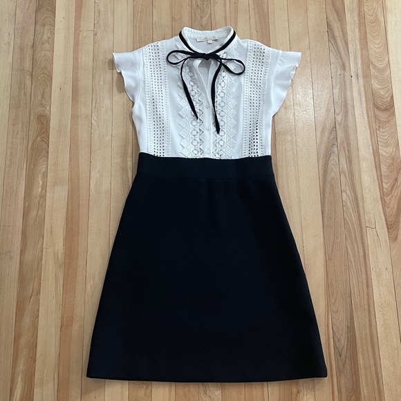 Maje Runo Two-Tone Lace-Inset Mini Dress with Ruffled Cap-Sleeve - Sz 1 (Small) - Picture 3 of 15